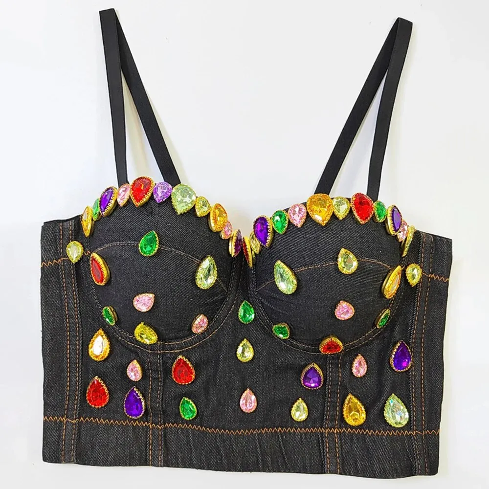 Temperament Patchwork Diamonds Denim Vests For Women Strapless Sleeveless Sexy Chic Vest Female Fashion