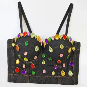 Temperament Patchwork Diamonds Denim Vests For Women Strapless Sleeveless Sexy Chic Vest Female Fashion