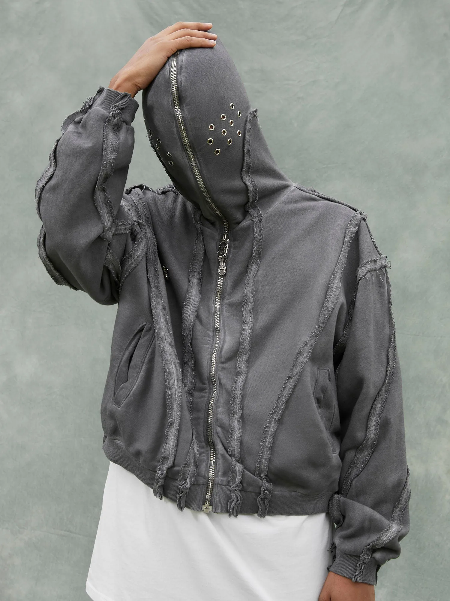 Thesupermade Heavy Washed Distressed Full Zip Hoodie - 2057