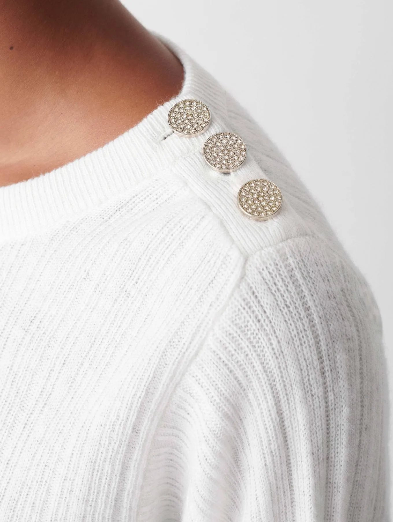 White   Warren - Cashmere Rhinestone Button Pleated Sweater in Soft White
