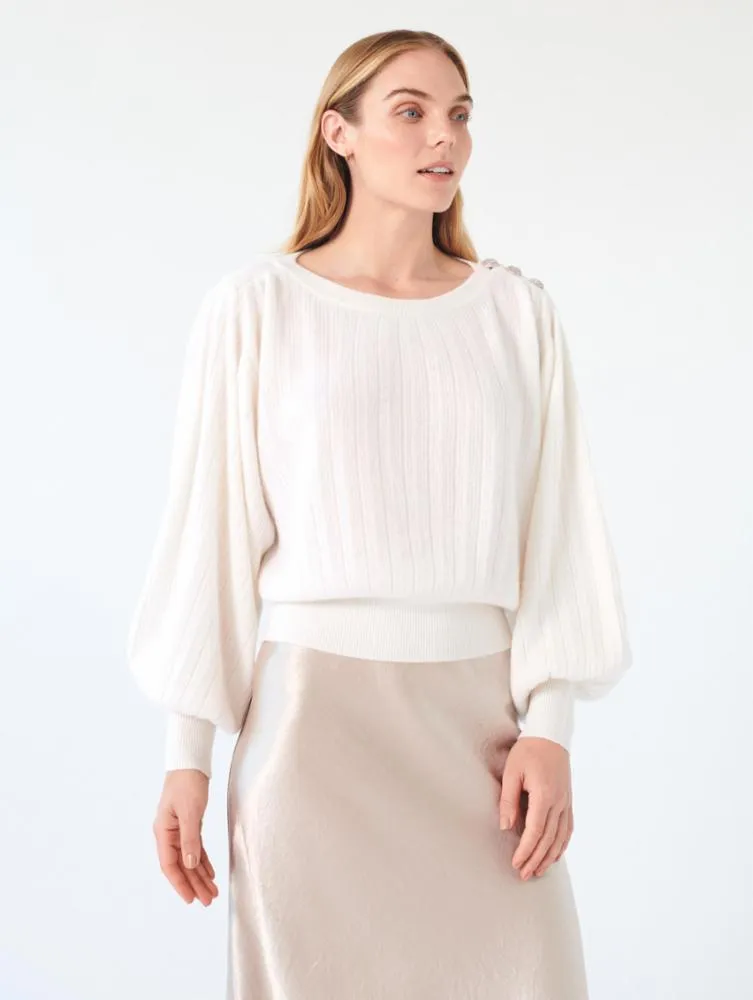 White   Warren - Cashmere Rhinestone Button Pleated Sweater in Soft White