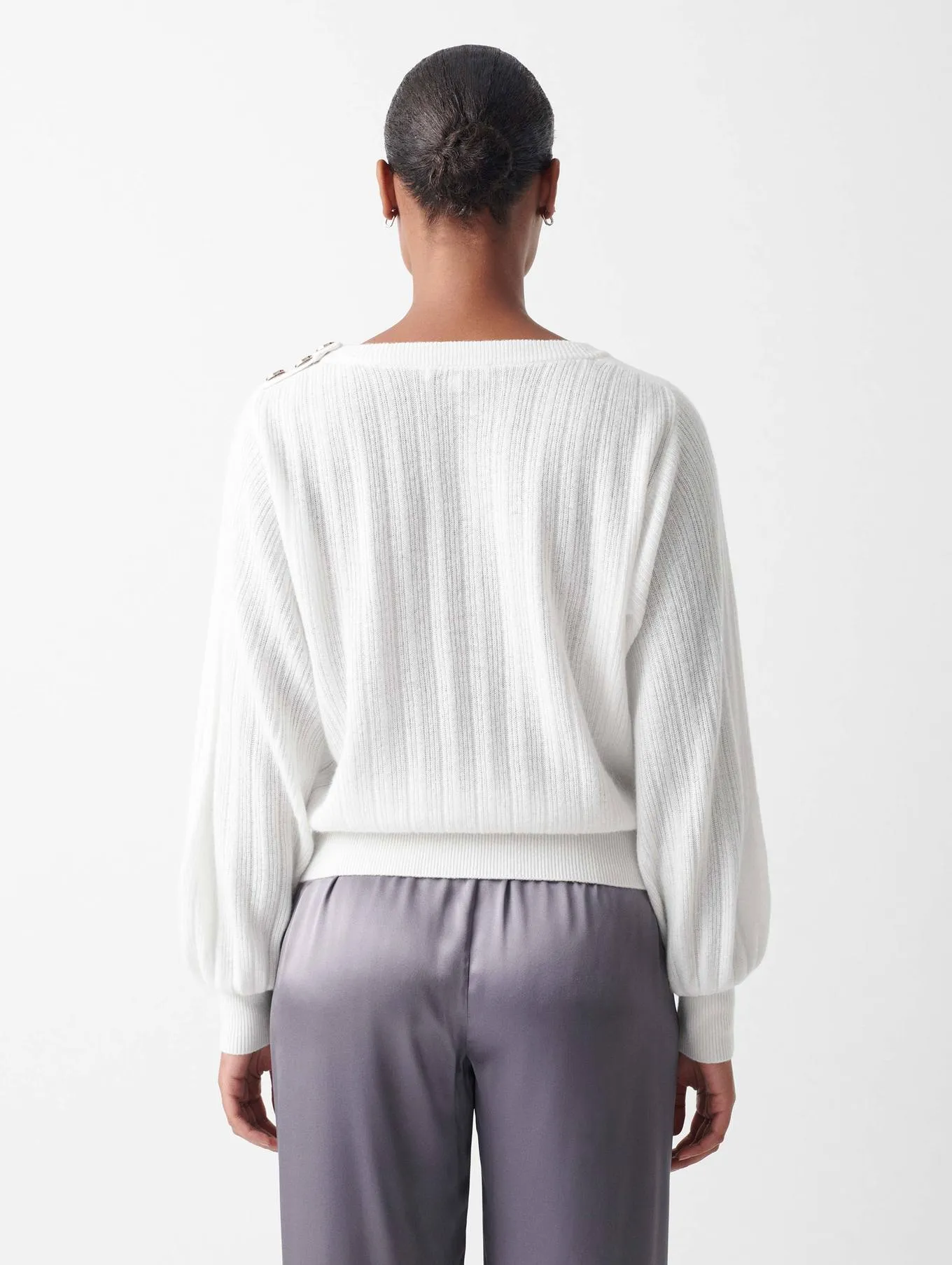 White   Warren - Cashmere Rhinestone Button Pleated Sweater in Soft White