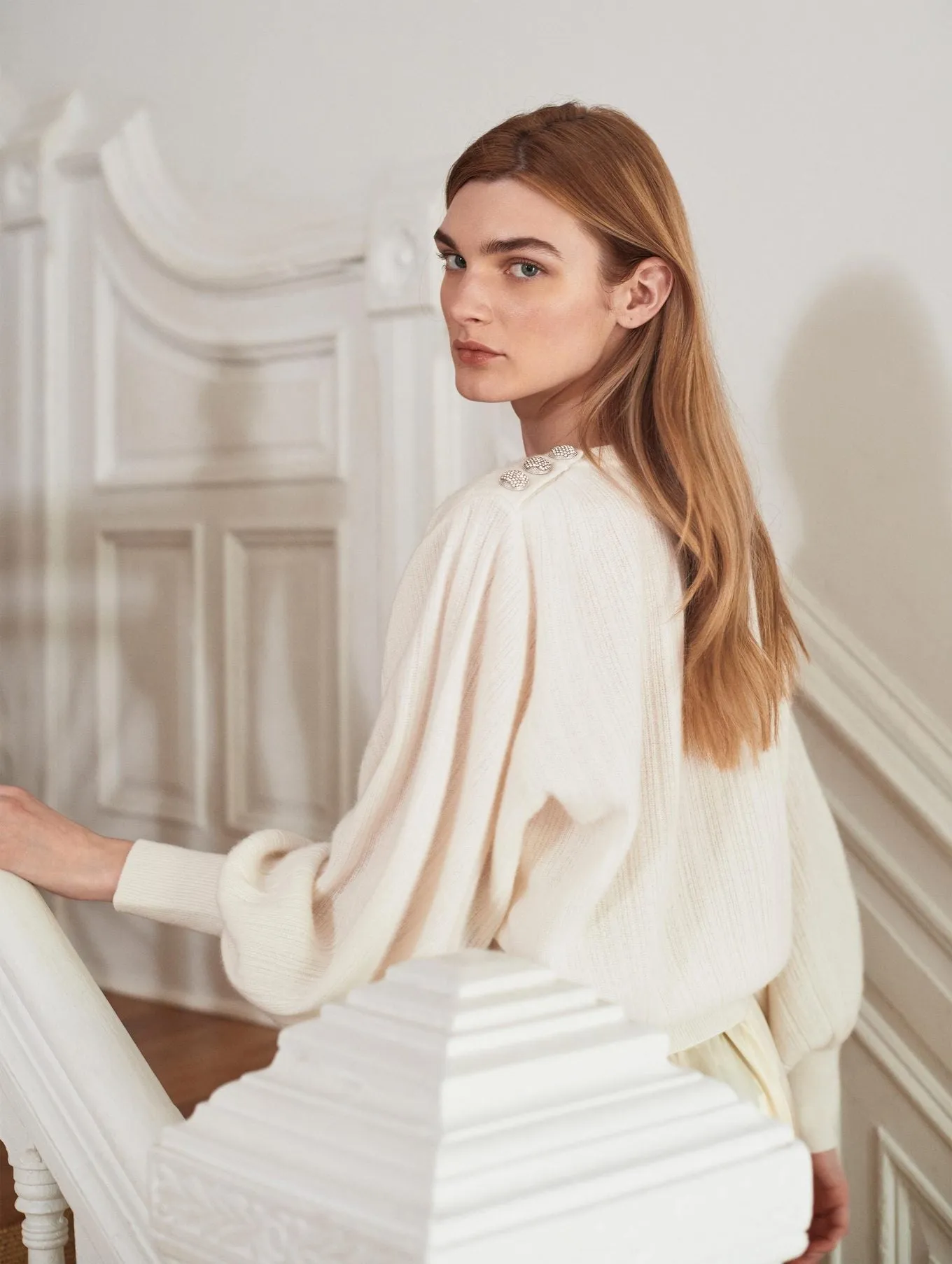 White   Warren - Cashmere Rhinestone Button Pleated Sweater in Soft White