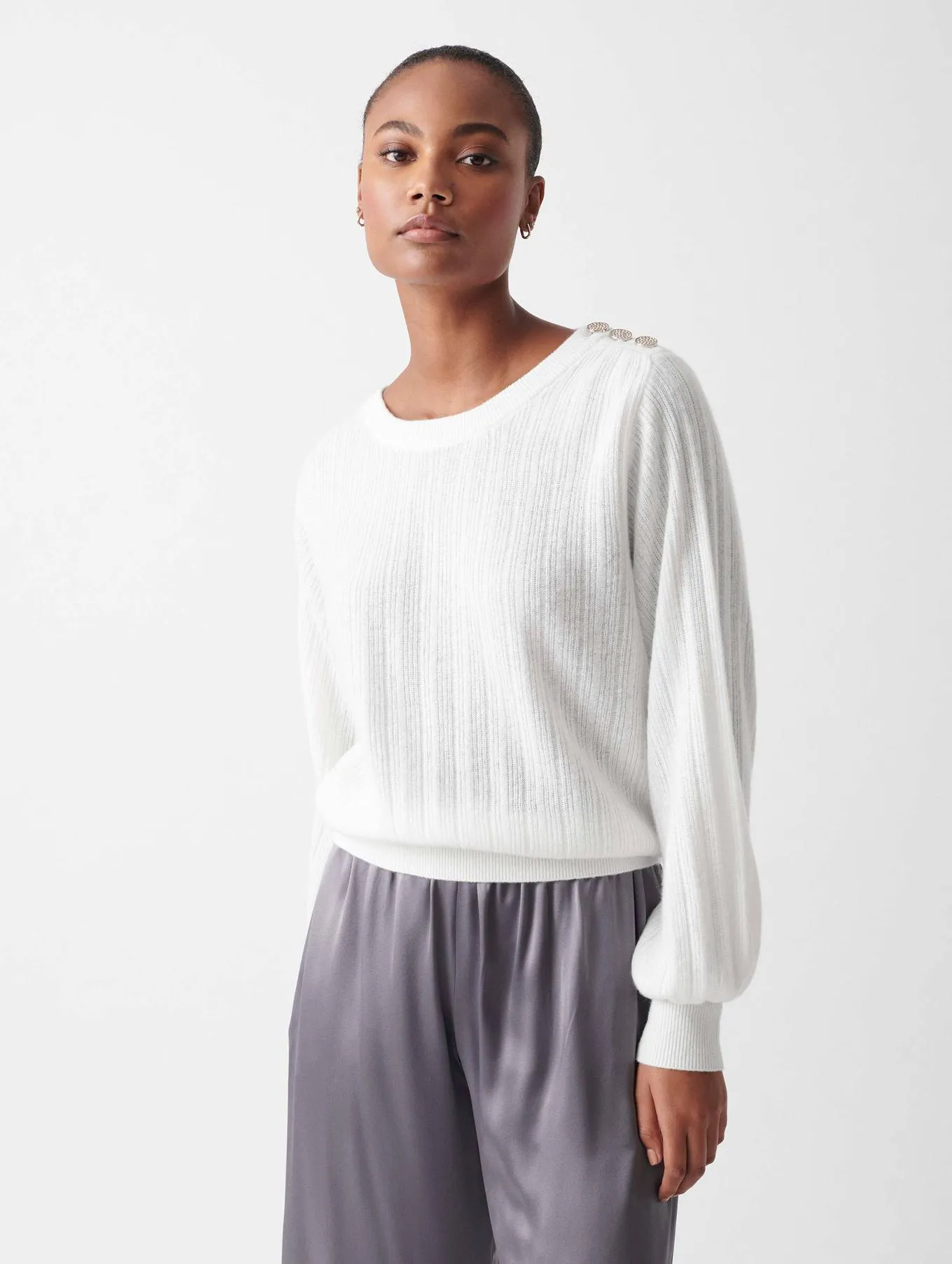White   Warren - Cashmere Rhinestone Button Pleated Sweater in Soft White