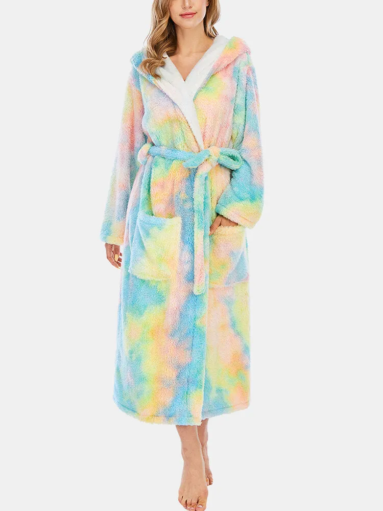 Women Fleece Tie Dye Double Pocket Long Sleeve Hooded Sleepwear Home Robes