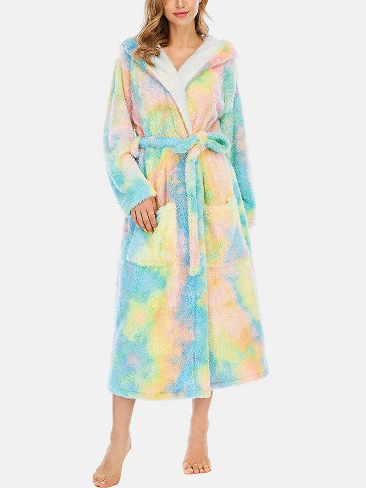 Women Fleece Tie Dye Double Pocket Long Sleeve Hooded Sleepwear Home Robes