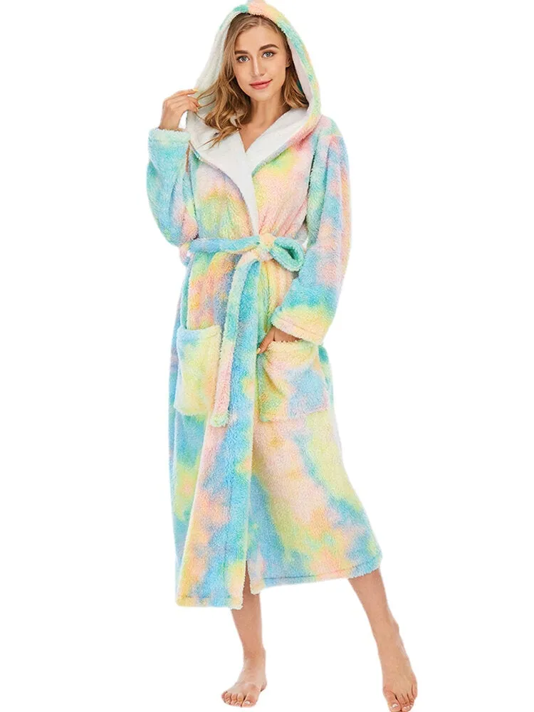 Women Fleece Tie Dye Double Pocket Long Sleeve Hooded Sleepwear Home Robes