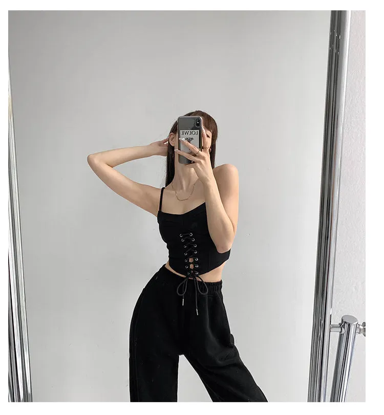 Y2k Tunic Tops Women Design Cross Bandage Camis Chic Slim Sleeveless Crop Top Female