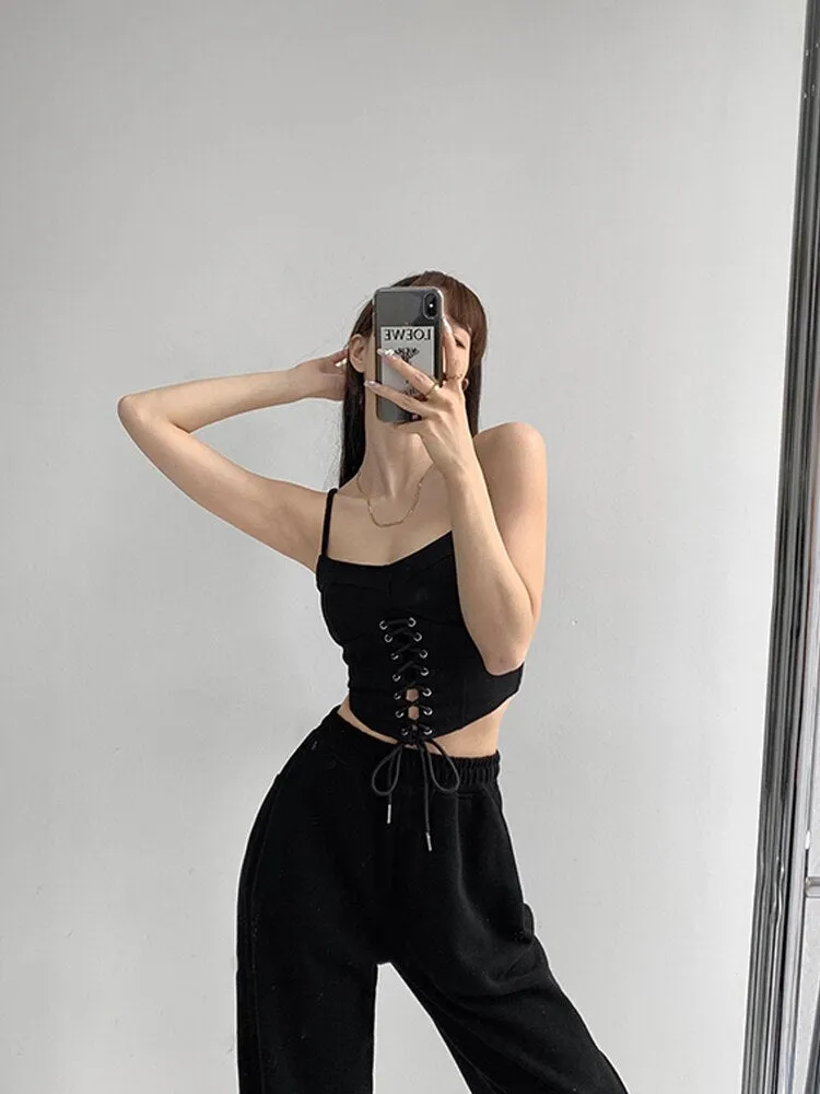 Y2k Tunic Tops Women Design Cross Bandage Camis Chic Slim Sleeveless Crop Top Female