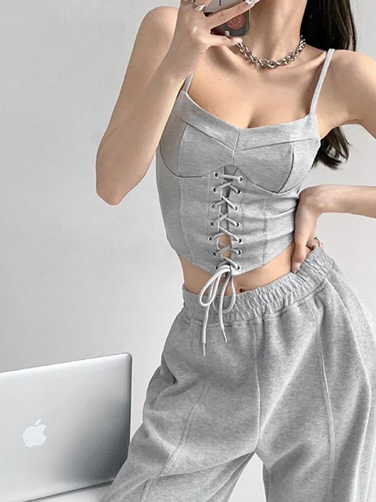Y2k Tunic Tops Women Design Cross Bandage Camis Chic Slim Sleeveless Crop Top Female