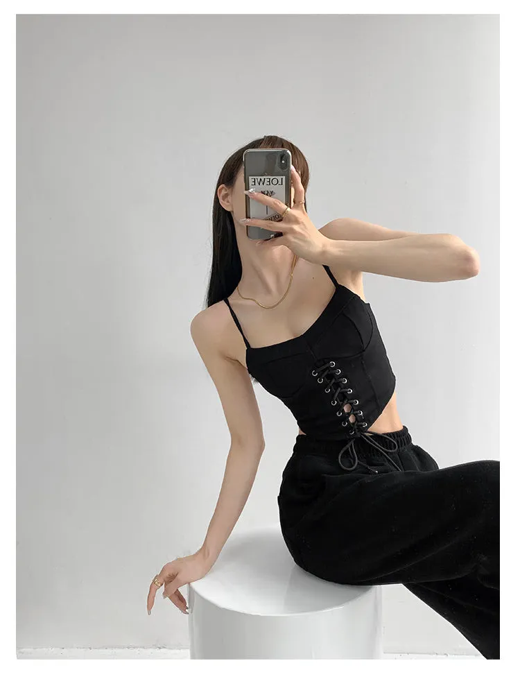 Y2k Tunic Tops Women Design Cross Bandage Camis Chic Slim Sleeveless Crop Top Female