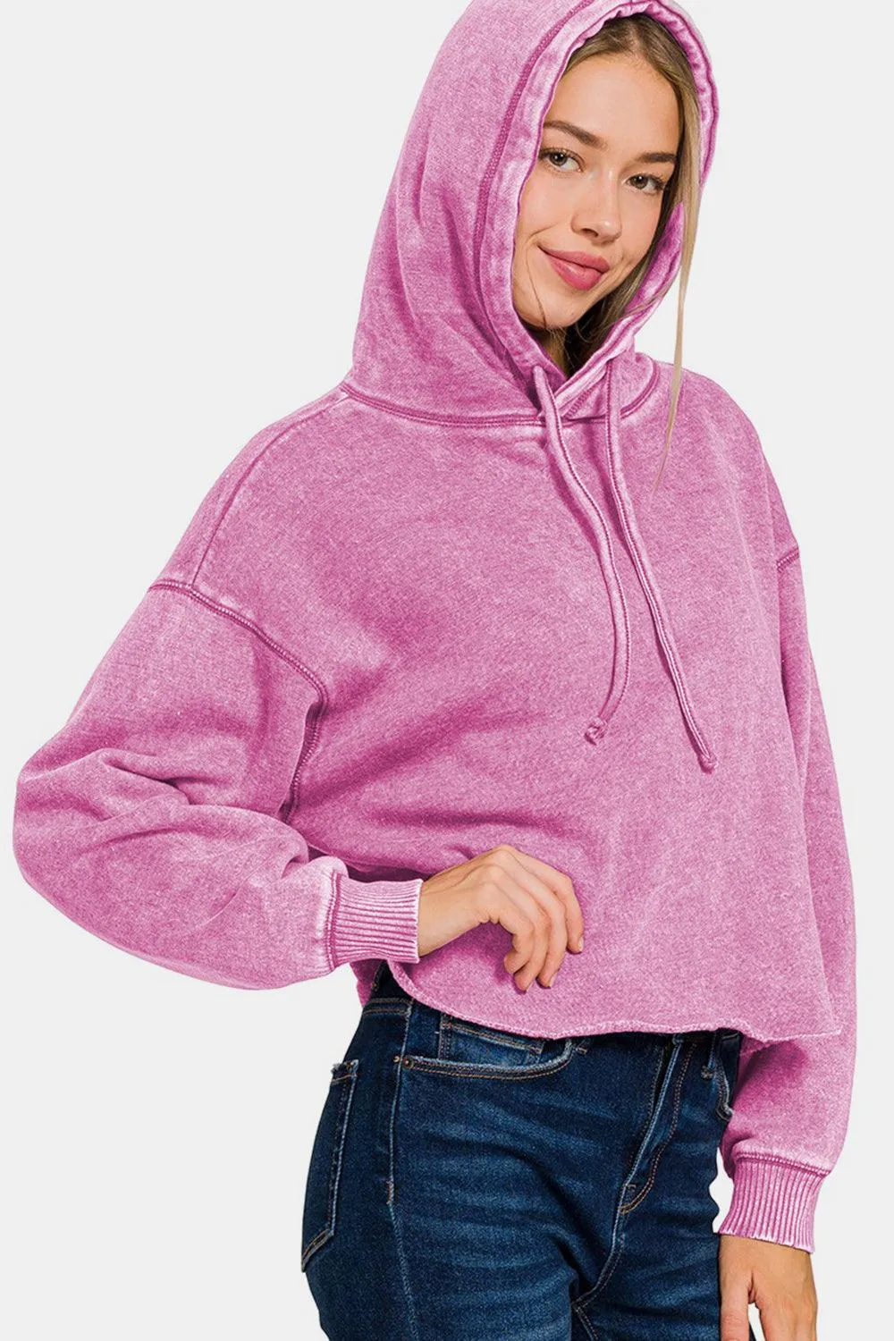 Zenana Mauve Hoodie Acid Wash Fleece Cropped Sweatshirt